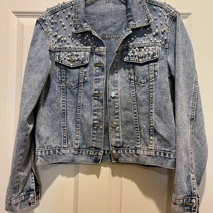Denim Jean Jacket Embroidered Pearls Long Sleeve - Brand New! Size: Large